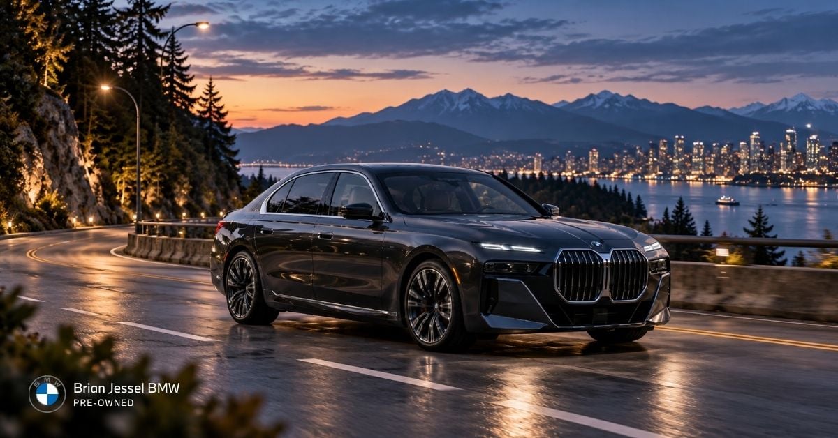 Used BMW i7 drives along a scenic Vancouver road at dusk with mountains and skyline.