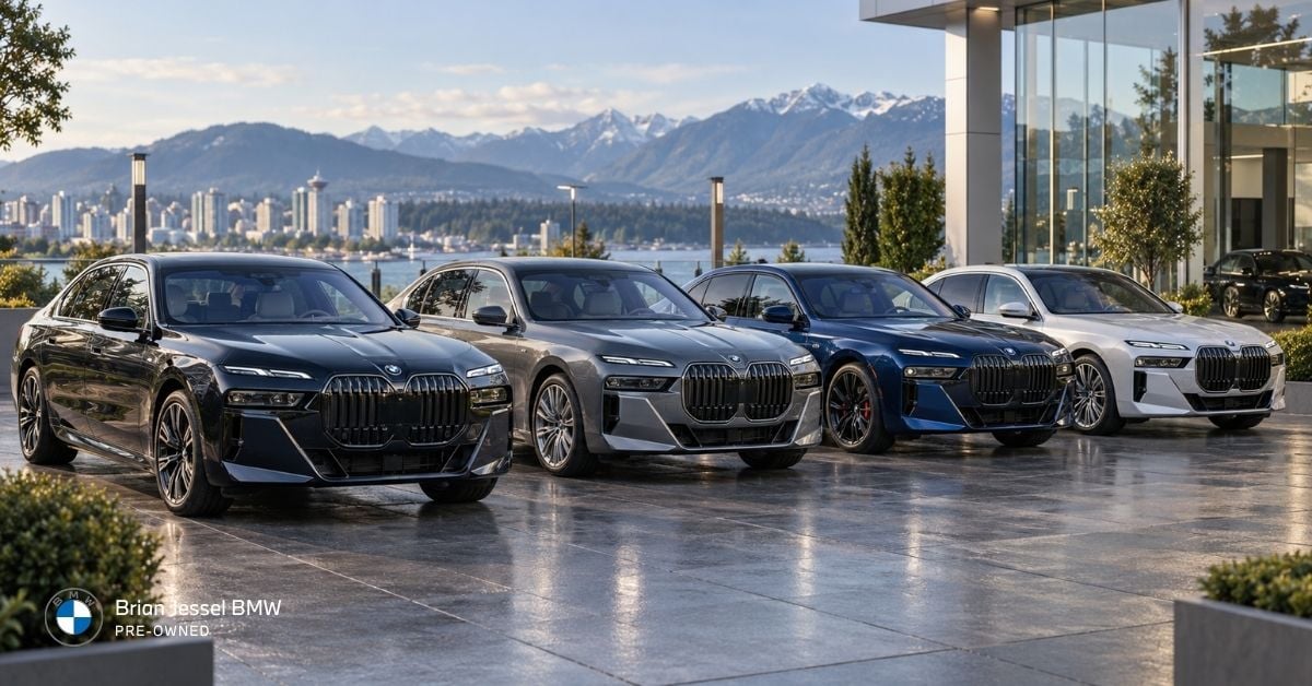 Four pre-owned BMW i7 sedans displayed outside a modern Vancouver showroom with mountains and skyline behind.