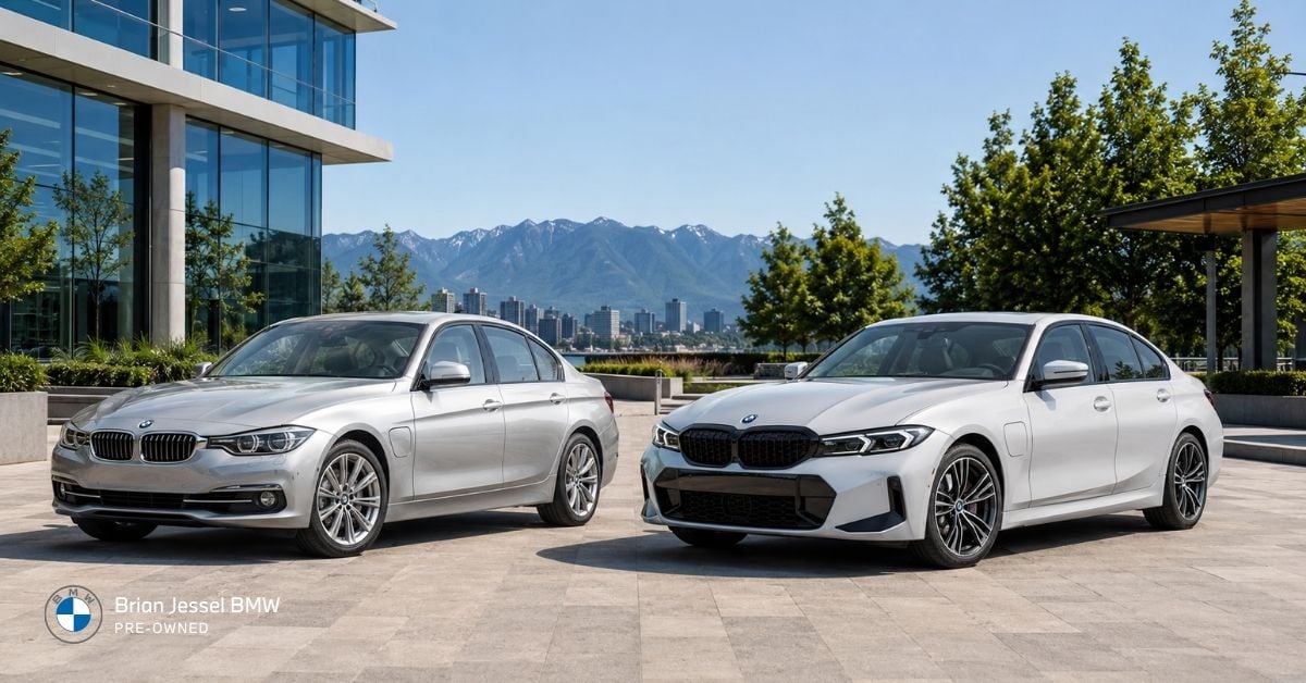 BMW 330e F30 and G20 generations parked side by side in a modern Vancouver setting.