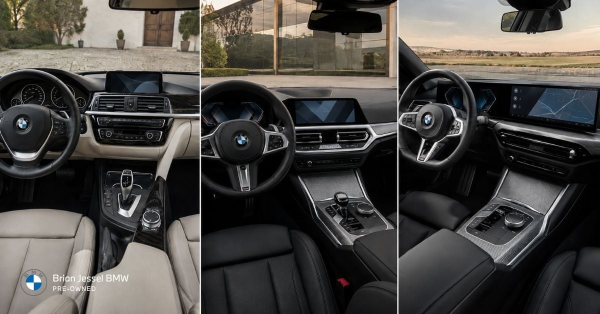 BMW 330e interiors compare F30, pre-facelift G20, and facelift G20 dashboard technology across model years.