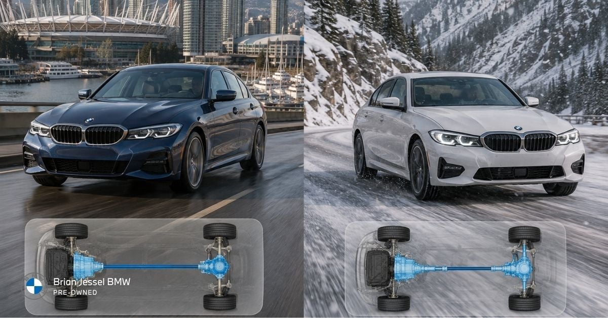 BMW 330e rear-wheel drive and xDrive models compare urban Vancouver commuting with snowy mountain driving.
