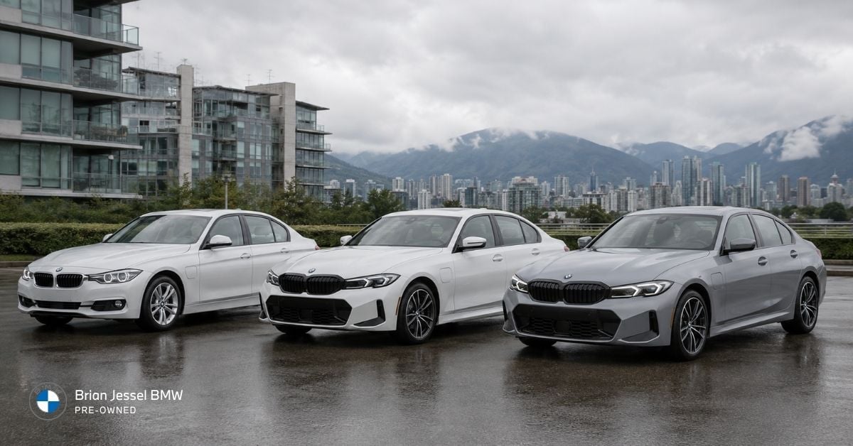 Three BMW 330e generations parked in Vancouver, showing F30, G20, and facelift model-year design differences.