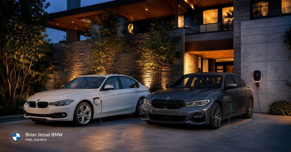 Two BMW 330e sedans charge overnight at a luxury home, showing F30 and G20 plug-in hybrids.