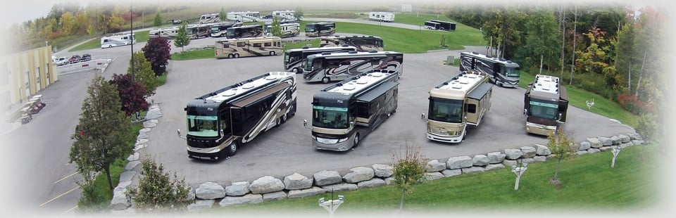 RVs for sale on the outside parking lot
