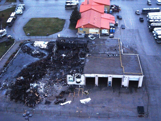 Aerial view of the The Hitch House office burned down